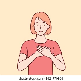 Touched positive woman with pleased expression keeps hands on chest, feels gratitude, impressed by good words of gratitude. Hand drawn style vector design illustrations.