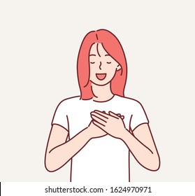 Touched positive woman with pleased expression keeps hands on chest, feels gratitude, impressed by good words of gratitude. Hand drawn style vector design illustrations.