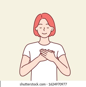 Touched positive woman with pleased expression keeps hands on chest, feels gratitude, impressed by good words of gratitude. Hand drawn style vector design illustrations.