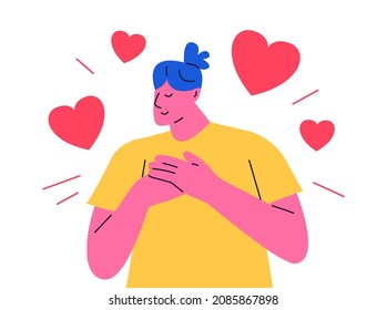 Touched positive woman with pleased expression keeps hands on chest, feels gratitude, impressed by good words of gratitude. Vector illustration
