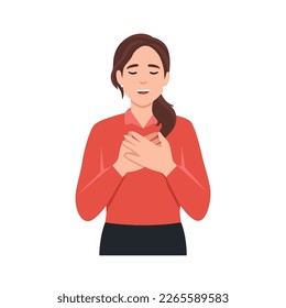 Touched positive woman with pleased expression keeps hands on chest, feels gratitude, impressed by good words of gratitude. Flat vector illustration isolated on white background