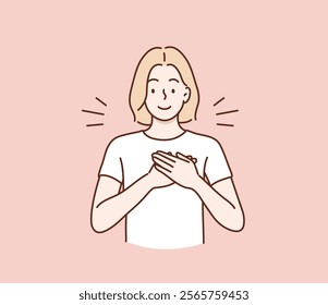 Touched positive woman with pleased expression keeps hands on chest, feels gratitude, impressed by good words of gratitude. Hand drawn style vector design illustrations.	