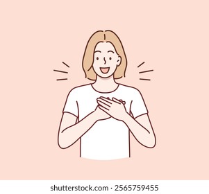 Touched positive woman with pleased expression keeps hands on chest, feels gratitude, impressed by good words of gratitude. Hand drawn style vector design illustrations.	