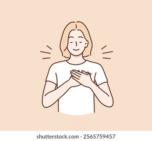 Touched positive woman with pleased expression keeps hands on chest, feels gratitude, impressed by good words of gratitude. Hand drawn style vector design illustrations.	