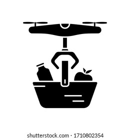 Touch-free food package. Silhouette Contactless delivery by air. Drone with grocery basket. Outline illustration of online shopping with robotic quadcopter. Flat isolated vector icon, white background