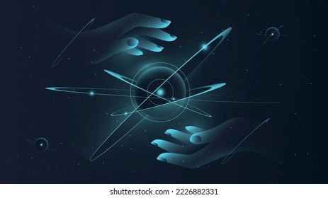 Touching abstract technology. Metaphor of science, experiment and development. Education and training. Poster or banner for website. Sci fi, fantasy and imagination. Neon vector illustration