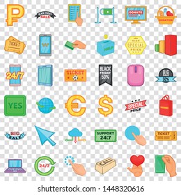 Touching button icons set. Cartoon style of 36 touching button vector icons for web for any design