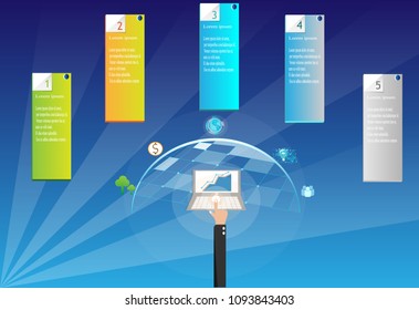 touching computer to ideal and insert text ,info graphics design, vector art and illustration, forest and tree, money and finance, earth, lamp and ideal, and information communication contact.