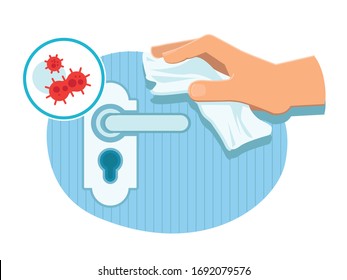 Touching a door handle in public place with paper napkin avoiding contact with surface. Extra precautions to prevent coronavirus infection. Safety during COVID-19 pandemic. Sanitary and hygiene.