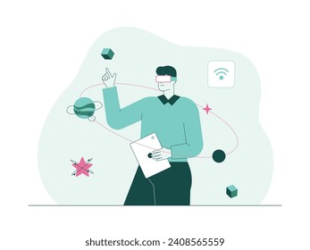 Touching floating objects with virtual glasses, meta verse vector illustration.