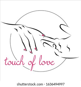   Touching hands on a plain background with a romantic inscription. Vector artwork.
