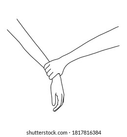 touching hands. thin line drawing black hands . Vector illustration