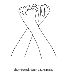 touching hands. thin line drawing black hands . Vector illustration