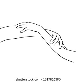 tocando las manos. línea delgada dibujando manos negras. Ilustración del vector