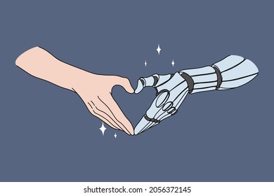 Touching Human And Robotic Hands. Vector Concept Illustration Of Future Successful Collaboration Between Human Work And Artificial Intelligence.