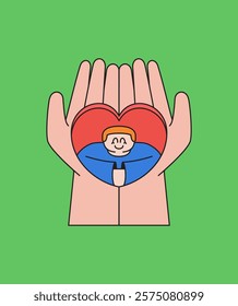 Touching illustration of hands holding a heart featuring a smiling person, depicted in a colorful cartoon style, great for themes of care and support