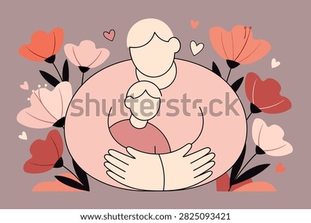 Touching illustration of a parent hugging a child from behind surrounded by blooming pink and red flowers and floating hearts.