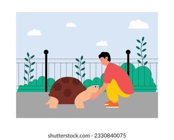 Touching a live turtle in the cage, little boy interacting with the shelled animal, zoo vector illustration.