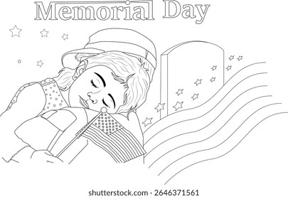 Touching Memorial Day line art illustration featuring a child gently holding the American flag, with a tombstone and stars in the background, perfect for patriotic holidays and remembrance themes.