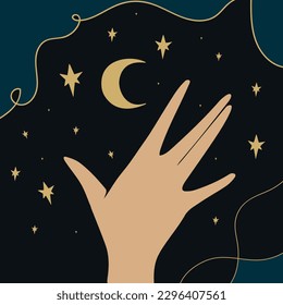 Touching midnight sky. Simple background with midnight sky view and a human hand. Hand drawn vector art