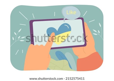 Touching mobile phone screen with finger to like Ukrainian heart. Support of Ukraine by person in social media flat vector illustration. Internet concept for banner, website design or landing web page