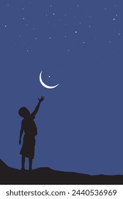 Touching Moon. Child Dream. Eid and Ramadan Concept. Eid Greetings and vector illustrations