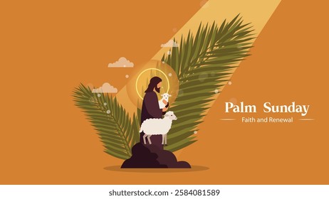  A touching Palm Sunday scene featuring a figure holding a lamb, surrounded by a palm frond, with a radiant glow symbolizing faith and renewal. 