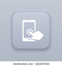 Touching the screen, gray vector button with white icon on gray background