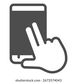 Tocando la pantalla del smartphone con el icono sólido de dos dedos, usando el concepto del teléfono celular, muestra del teléfono de la pantalla táctil en el fondo blanco, icono del estilo del glifo para el móvil y el Diseño web. Gráficos de Vector