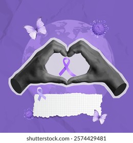 A touching vector illustration of hands forming a heart shape with a purple ribbon, emphasizing love and support for World Cancer Day on February 4th.