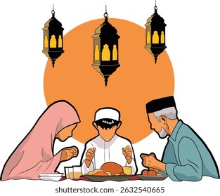 A touching vector illustration of a Muslim family praying before iftar during Ramadan. Perfect for Ramadan promotions, Islamic greeting cards, educational content, and social media visuals.