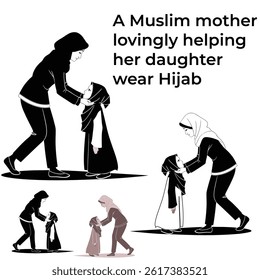 Touching vector illustration of a Muslim mother lovingly helping her young daughter wear a hijab. The scene captures a warm moment of care, tradition, and Islamic upbringing, as the mother gently 