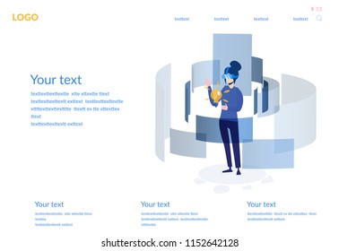 touching vr interface, virtual reality Concept for web page, banner, presentation, social media, documents, cards, posters. Vector illustration,  girl augmented glasses landing page