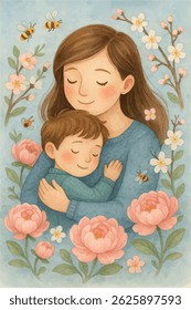 A touching watercolor illustration of a mother hugging her child, surrounded by blooming peonies, cherry blossoms, and bees. Perfect for Mother's Day cards, decorations, and design projects.