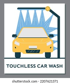 Servicio de lavado de coches sin contacto y automático, plantilla de afiches - ilustración vectorial plana. El agua fluye sobre el cuerpo del auto. Proceso de lavado de coches, cartel con texto.
