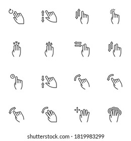 Juego de iconos de línea de gestos Touchpad, colección de símbolos de vector de contorno, paquete de pictogramas de estilo lineal. Señales, ilustración del logotipo. Set incluye iconos como pantalla táctil a mano, clic con el dedo, girar hacia arriba, pulsar con el botón