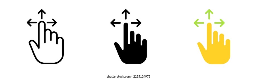 Touchpad set icon. Index finger, brush, tapping, sliding, Scrolling, click, cursor, arrow, sensor, button. Pressing concept. Vector icon in line, black and colorful style on white background