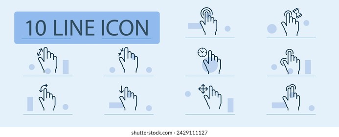 Touchpad set line icon. Touchscreen interface, intuitive gestures, tapping, swiping, pinching. Pastel color background. Vector line icon for business and advertising