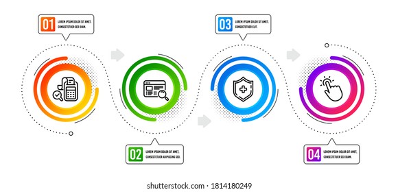 Touchpoint, Bill accounting and Medical shield line icons set. Infographic timeline. Website search sign. Touch technology, Audit report, Medicine protection. Find internet. Technology set. Vector
