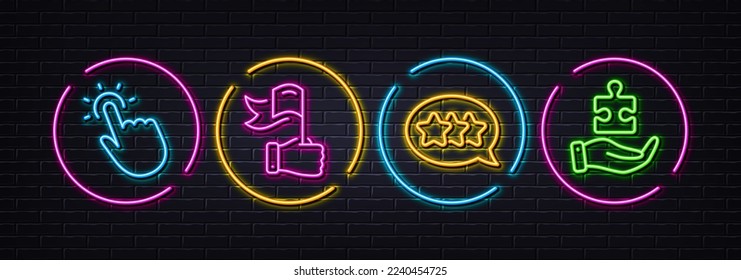 Touchpoint, Leadership and Stars minimal line icons. Neon laser 3d lights. Puzzle icons. For web, application, printing. Touch technology, Winner flag, Customer feedback. Jigsaw game. Vector