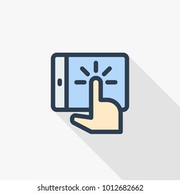 Touchscreen action, click, tap thin line flat color icon. Linear vector illustration. Pictogram isolated on white background. Colorful long shadow design.