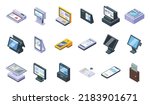 Touchscreen cash register icons set isometric vector. Self checkout. Machine service