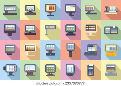 Los iconos del registro de efectivo de pantalla táctil establecen un vector plano. Autoventa. Efectivo del servicio