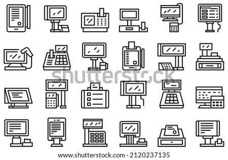 Touchscreen cash register icons set outline vector. Point sale. Register cash