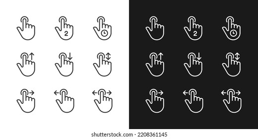 Touchscreen control pixel perfect linear icons set for dark, light mode. Navigation gestures. Smartphone and tablet. Thin line symbols for night, day theme. Isolated illustrations. Editable stroke