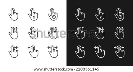 Touchscreen control pixel perfect linear icons set for dark, light mode. Navigation gestures. Smartphone and tablet. Thin line symbols for night, day theme. Isolated illustrations. Editable stroke