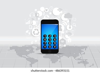Touchscreen device with cloud of application icons. Vector illustration.
