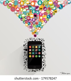 Touchscreen device with cloud of colorful application. Vector illustration.