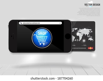 Touchscreen device with credit card, electronic payments concept. Vector illustration.