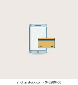 Touchscreen device with credit card, electronic payments concept. Vector illustration.